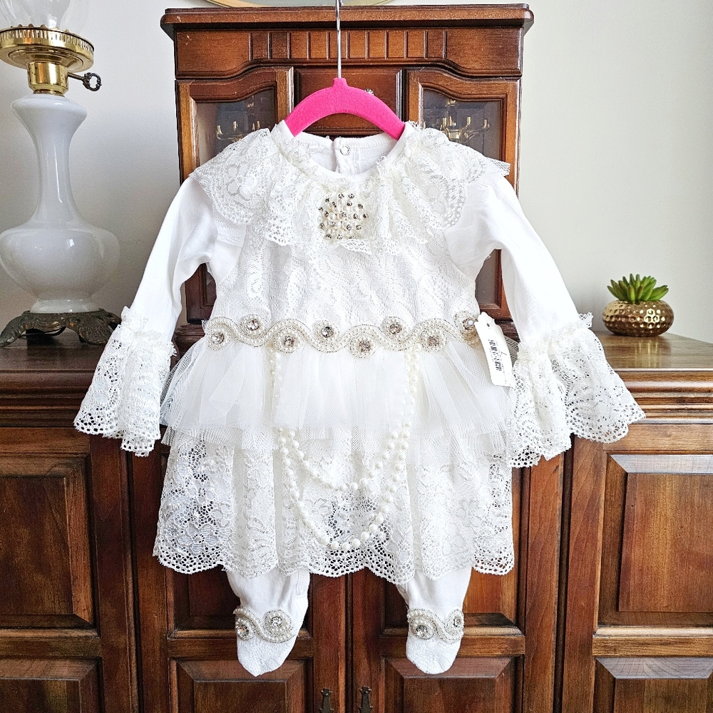 NWT Baby Girls White Lace Pearl Rhinestone Romper Dress 6M Christening